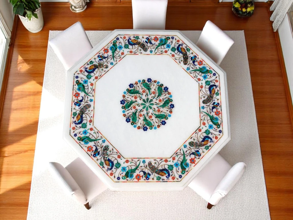Artisan-crafted Marble Dining Table Natural Beauty of Semi Precious Gemstones